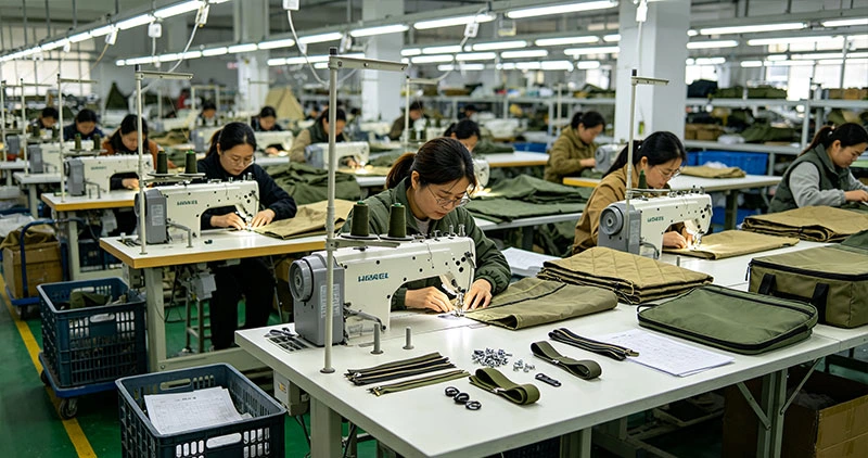 Workers sewing OEM outdoor camping gear in factory workshop